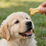 Perro feliz recibiendo una galleta casera de calabaza de mano de su dueño en exterior