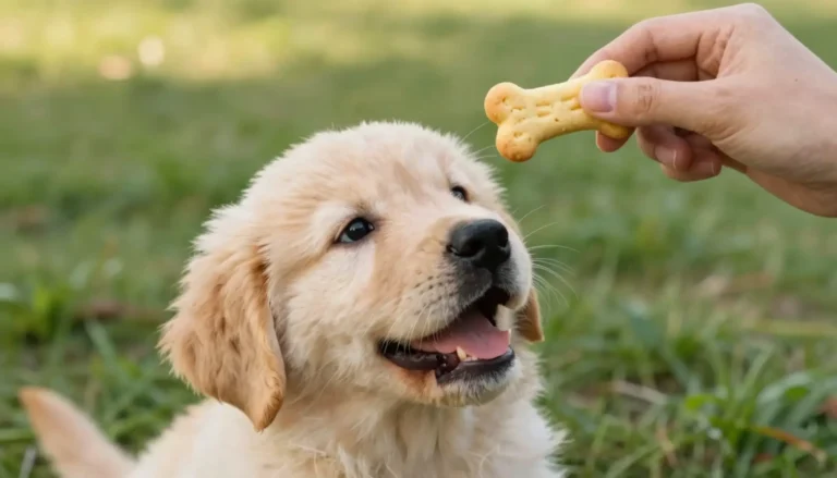 Perro feliz recibiendo una galleta casera de calabaza de mano de su dueño en exterior