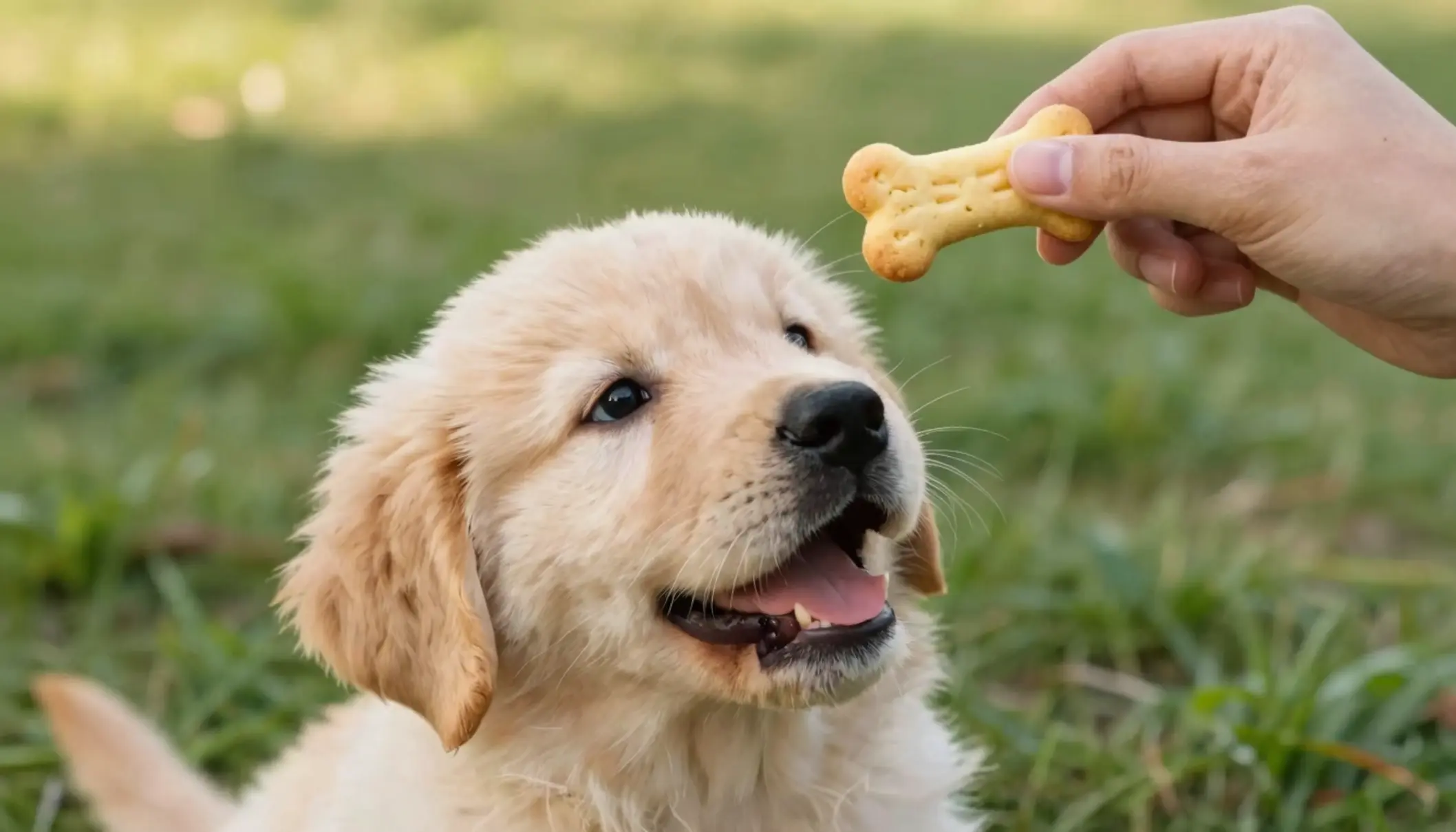 Perro feliz recibiendo una galleta casera de calabaza de mano de su dueño en exterior