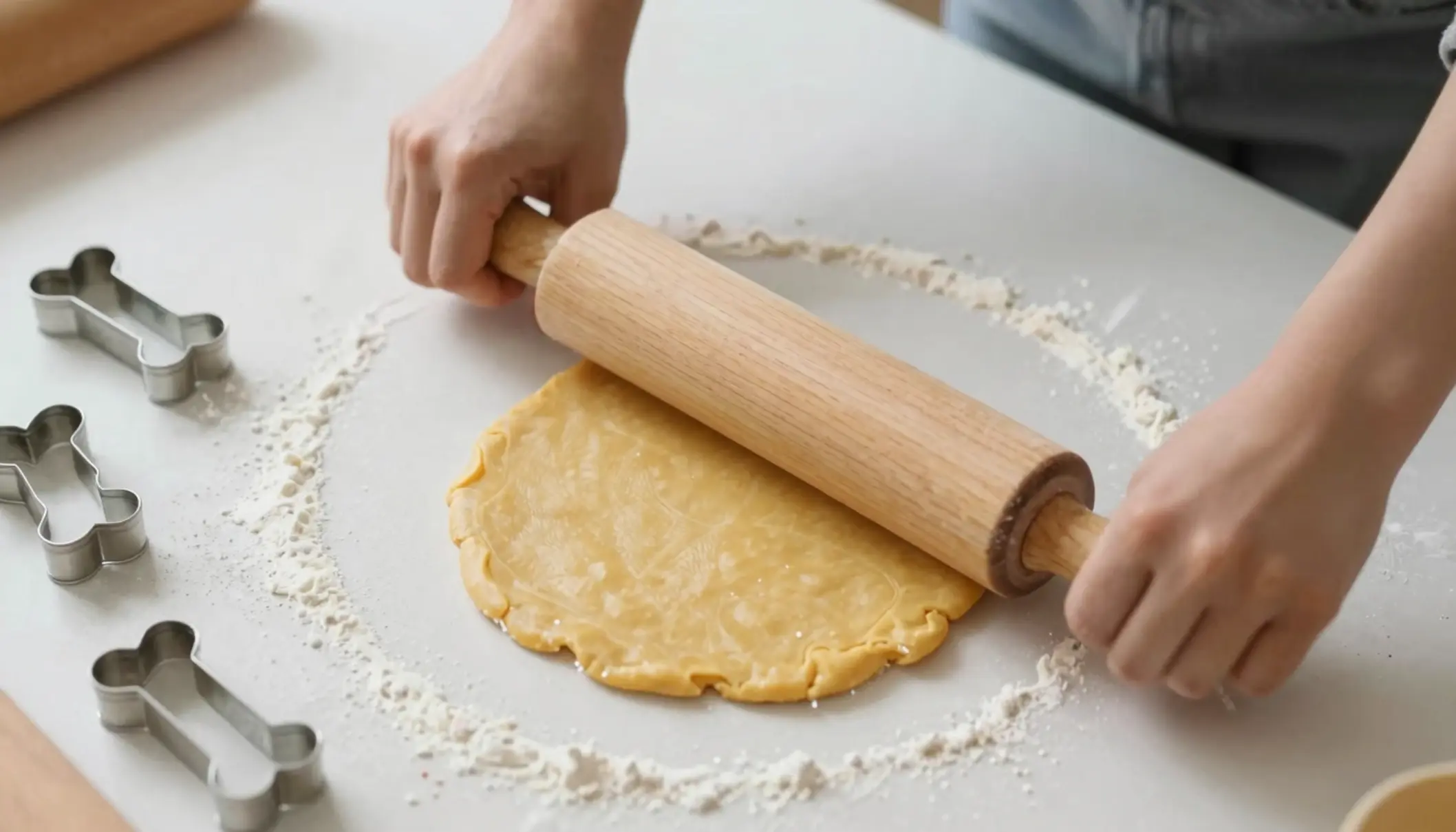 Persona estirando masa naranja con rodillo junto a cortadores de galletas con forma de hueso